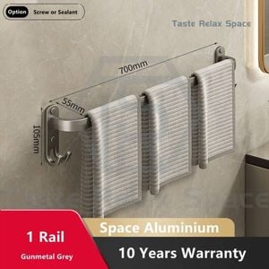 Bathroom Double Towel Rail Rack Hanger Hook Space Aluminium Wall Mounted 70cm,Wall Mount Towel Holder-Grey 1 Rail