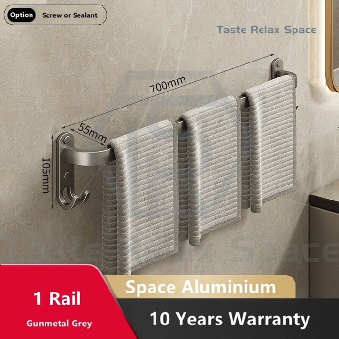 Bathroom Double Towel Rail Rack Hanger Hook Space Aluminium Wall Mounted 70cm,Wall Mount Towel Holder-Grey 1 Rail