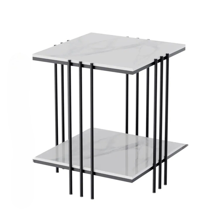 P&P Black Modern Sintered Stone Side Table with Metal Frame and Two Tiers