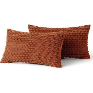 Catzon 2 Pcs Throw Pillow Covers Soft Striped Corduroy Cushion Case for Couch 30X50cm-Brick Red