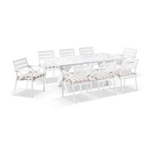 Kansas Outdoor Ceramic 2m Aluminium Dining Table Setting White With 8 Chairs & Heather Beige Cushions