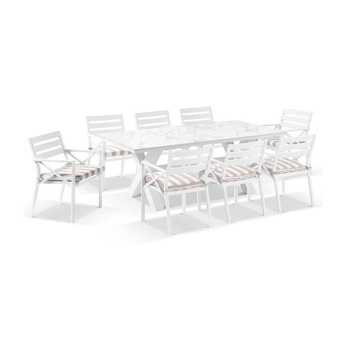 Kansas Outdoor Ceramic 2m Aluminium Dining Table Setting White With 8 Chairs & Heather Beige Cushions