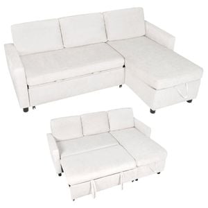 Advwin 3 Seater Sofa Bed w/ Storage Chaise 196cm Pull Out Lounge Sleeper Couch Beige