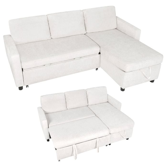 Advwin 3 Seater Sofa Bed w/ Storage Chaise 196cm Pull Out Lounge Sleeper Couch Beige