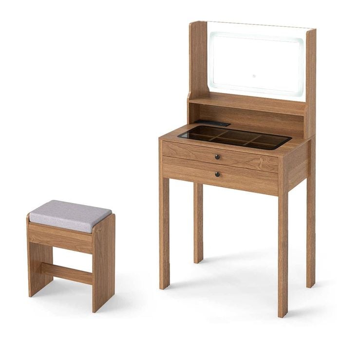 Costway Vanity Desk Set Makeup Table Glass Top Dressing Table Stool Natural