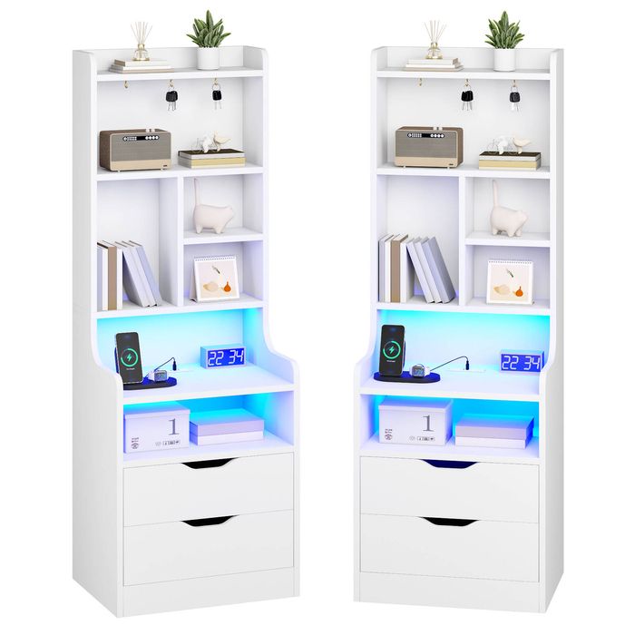 Ufurniture 2 pcs Tall LED Bedside Table with Charging Station, Shelves & Drawers