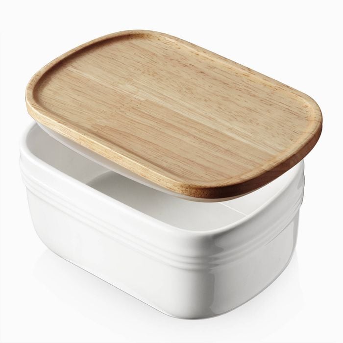 DOWAN Ceramic Butter Dish Airtight Butter Holder Container with Wooden Lid