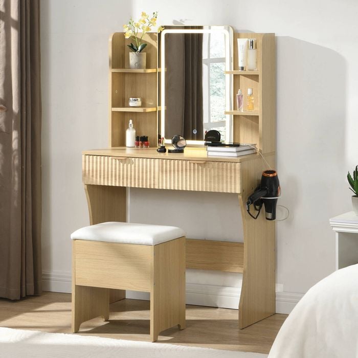 Homfurn Vanity Desk With Led Lights Mirror, Dressing Table And Stool Set With Power Outlet & Hairdryer Rack