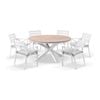 Tuscany 1.5m Aluminium And Teak Dining Table White With 6 Kansas Chairs & Textured Olefin Grey Cushions