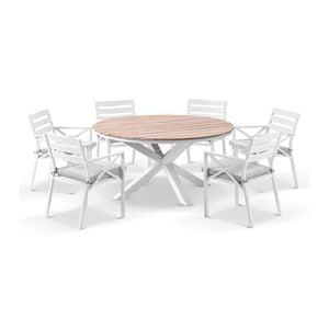 Tuscany 1.5m Aluminium And Teak Dining Table White With 6 Kansas Chairs & Textured Olefin Grey Cushions