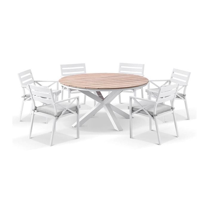 Tuscany 1.5m Aluminium And Teak Dining Table White With 6 Kansas Chairs & Textured Olefin Grey Cushions