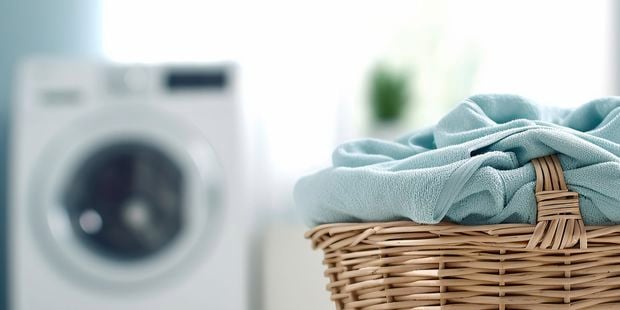 A basket with blue towel.
