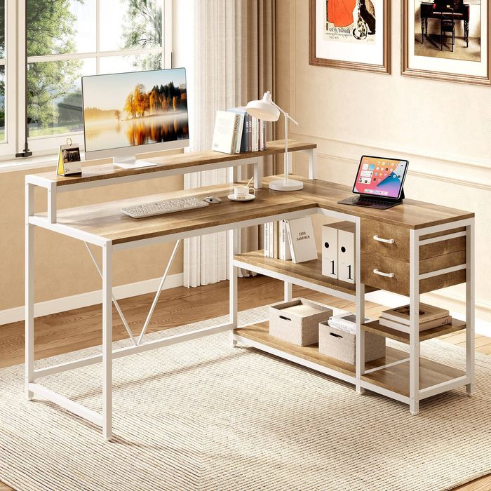 OAKORY 140cm L Shaped Reversible Gaming Desk with Drawers Shelves and Monitor Stand Oak and White