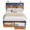 Advwin Queen Bed Frame with 2 Storage Drawers & LED Lights & Charging Station Rustic Brwon