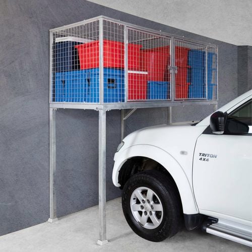 Secure cage over bonnet in a garage.