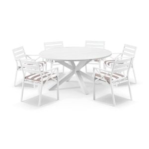 Houston Outdoor 1.5m Round Aluminium Dining Setting White With 6 Kansas Chairs & Sunbrella Beige Cushions