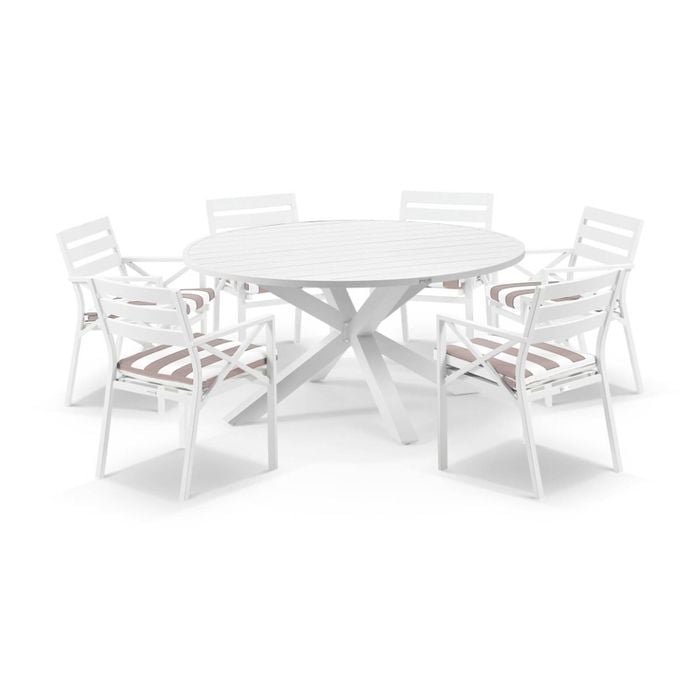 Houston Outdoor 1.5m Round Aluminium Dining Setting White With 6 Kansas Chairs & Sunbrella Beige Cushions