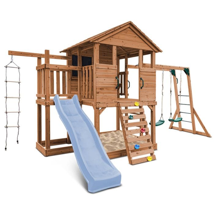 Lifespan Kids Kingston Cubby House, Monkey Bars, Swing Set with 2.2m Pastel Blue Slide