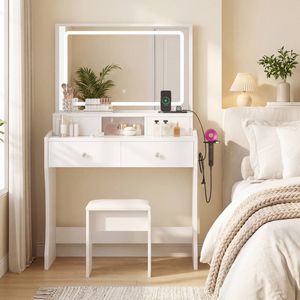 Advwin Makeup Vanity Desk with Mirror Charging Station and 4 Drawers White