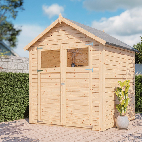 Traditional timber garden shed with double doors, and high front windows, positioned on a paved patio beside a hedge.