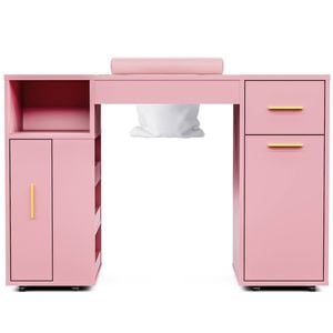 Ufurniture Manicure Table Nail Desk Electric Dust Collector Wrist Rest Drawers Shelves Cabinet Storage Rolling Wheels Pink