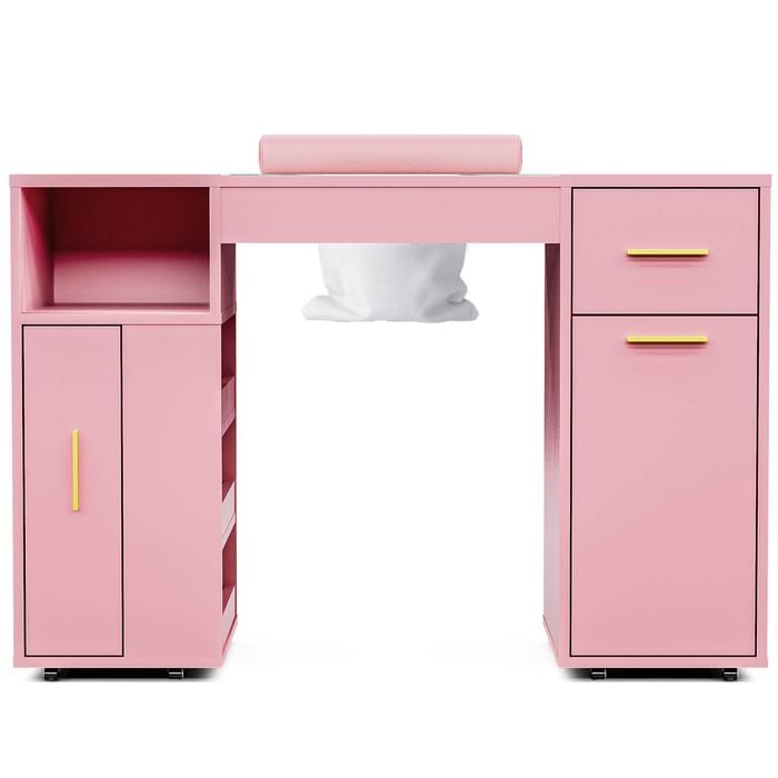 Ufurniture Manicure Table Nail Desk Electric Dust Collector Wrist Rest Drawers Shelves Cabinet Storage Rolling Wheels Pink