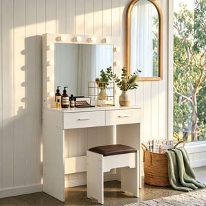 DREAMO Vanity Set with Cushioned Stool and Lighted Mirror- White