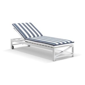 Kansas Outdoor Aluminium Sun Lounge On Wheels White & Navy Stripe Cushions