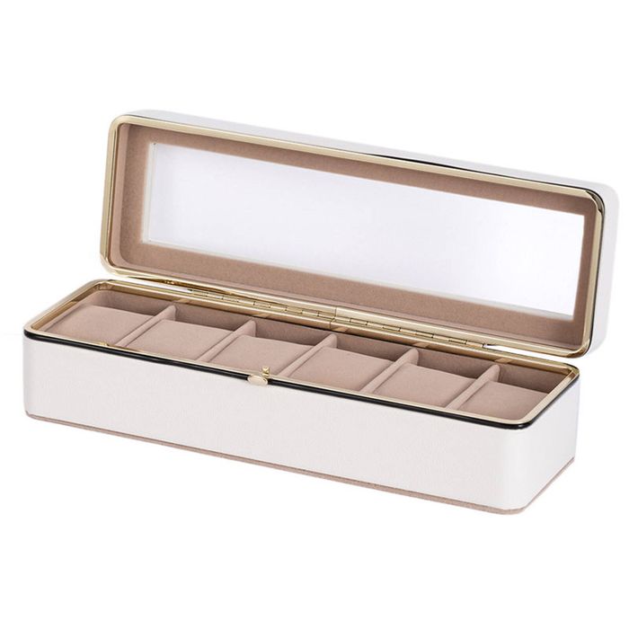 Catzon Watch Case 6 Slot Watch Display Case With Glass Lid-white