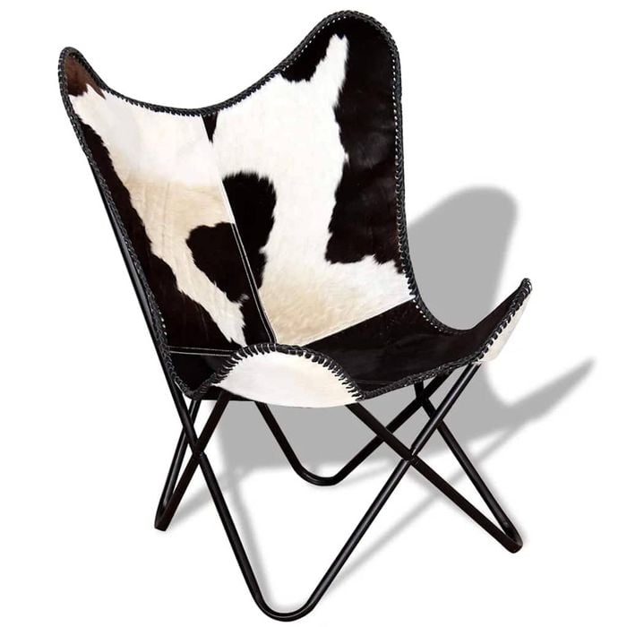 vidaXL Butterfly Chair Leather Chair Black and White Real Cowhide Leather