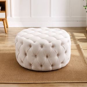 HOMFURN Fabric Upholstered Button-Tufted Round Ottoman,Beige