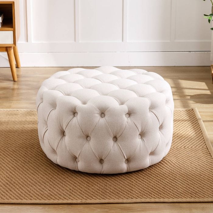 HOMFURN Fabric Upholstered Button-Tufted Round Ottoman,Beige