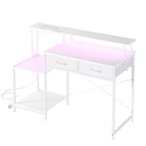 Ufurniture 120cm Gaming Desk with LED Lights & Power Outlets Convertible Computer Table White