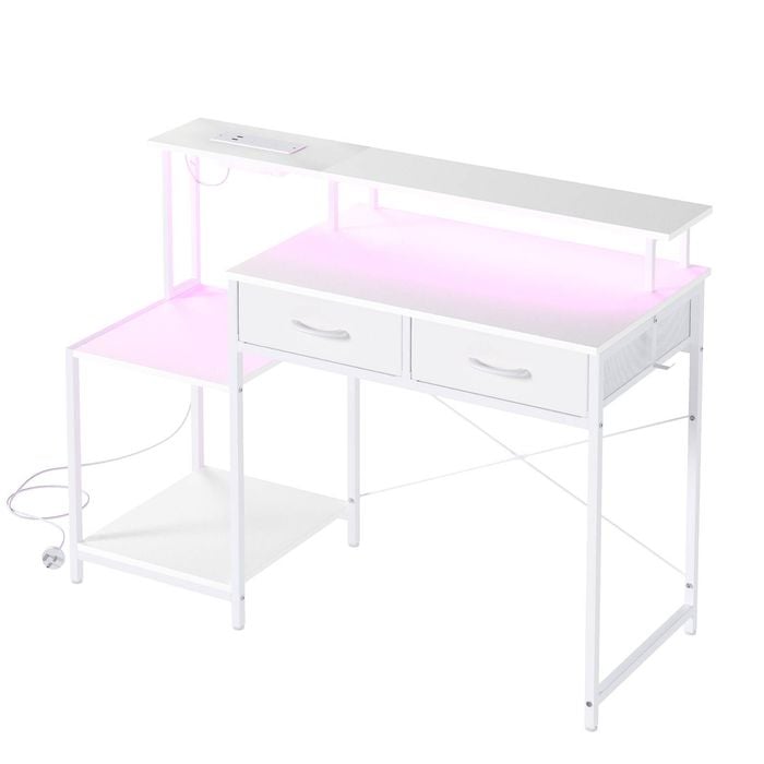 Ufurniture 120cm Gaming Desk with LED Lights & Power Outlets Convertible Computer Table White