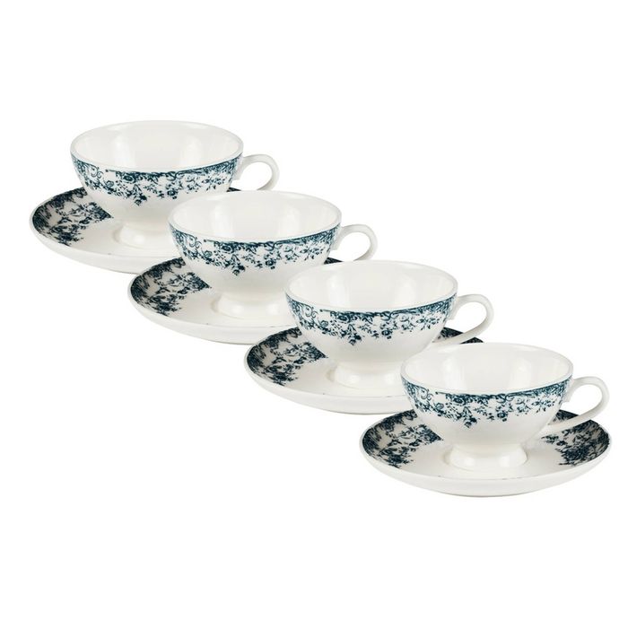 4x Casa Domani Cup And Saucer Rosetta Porcelain Antique Blue 200ml