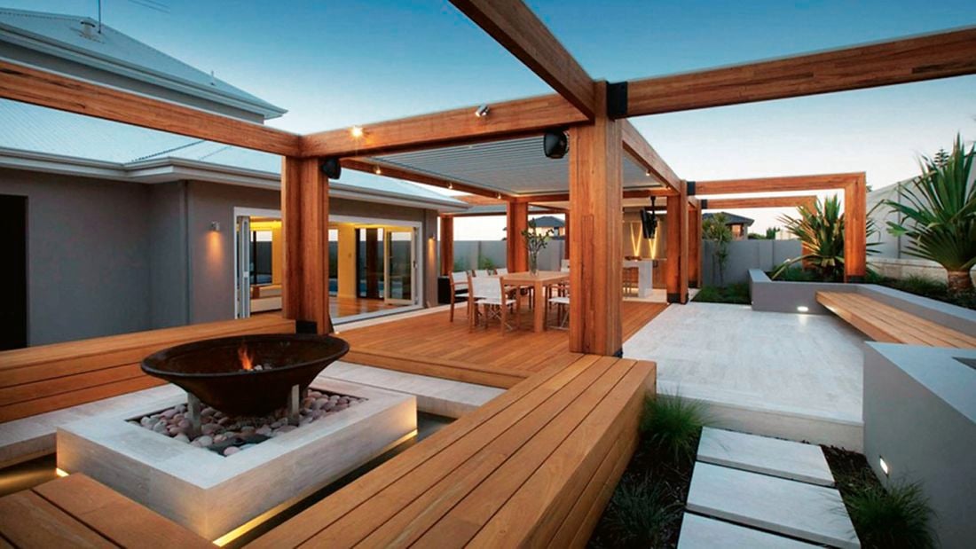 Timber decking and outdoor structures in an outdoor entertaining space.