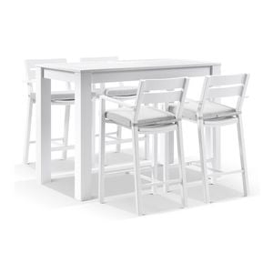 Santorini Outdoor Aluminium 1.5m Bar Table White With 4 Stools & Textured Grey Cushions