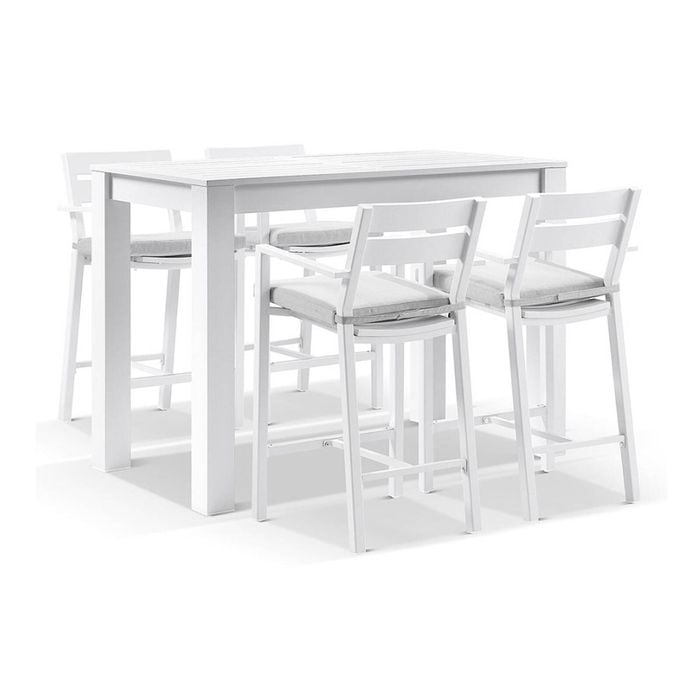 Santorini Outdoor Aluminium 1.5m Bar Table White With 4 Stools & Textured Grey Cushions