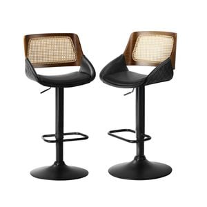 Oikiture 2x Bar Stools Gas Lift Stool Rattan Leather Black