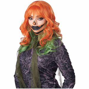 Pumpkin Blossom Monster Horror Long Wavy Bang Orange Green Womens Costume Wig