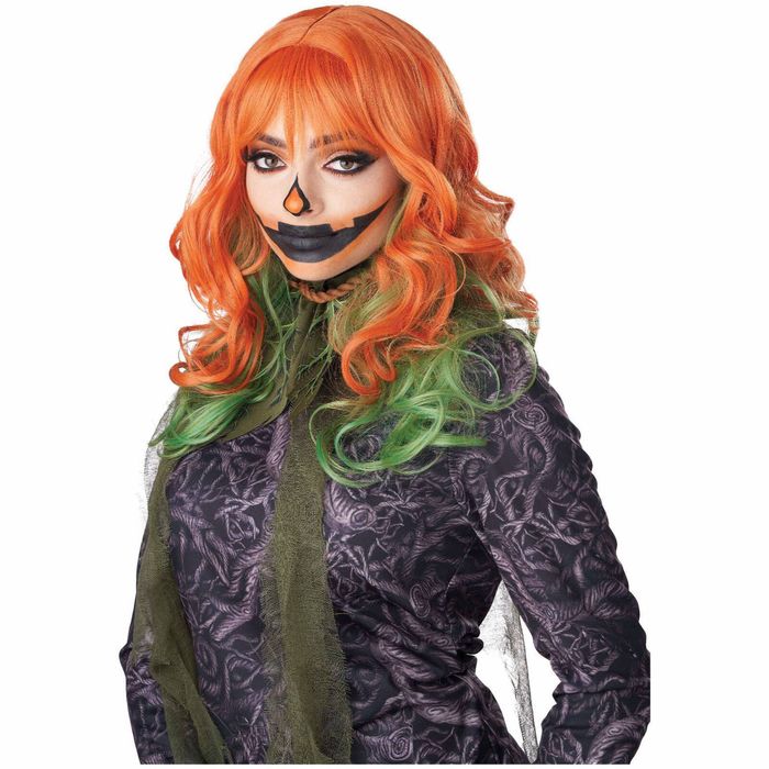 Pumpkin Blossom Monster Horror Long Wavy Bang Orange Green Womens Costume Wig