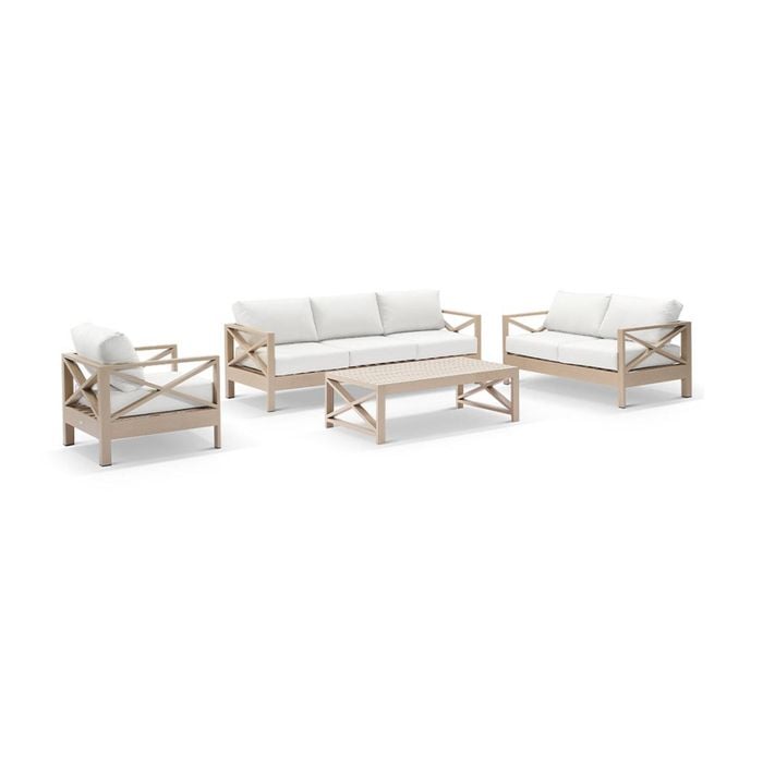 Kansas 3+2+1 Seater Lounge Set Coffee Table Light Oak & Olefin White Cushions