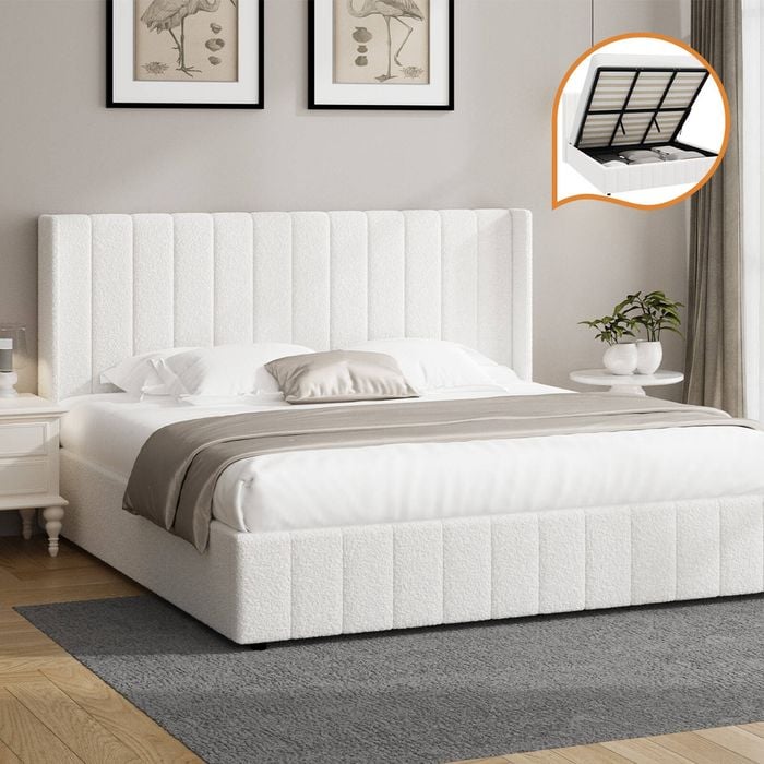 Oikiture Bed Frame Gas Lift Base King Size Boucle Fabric