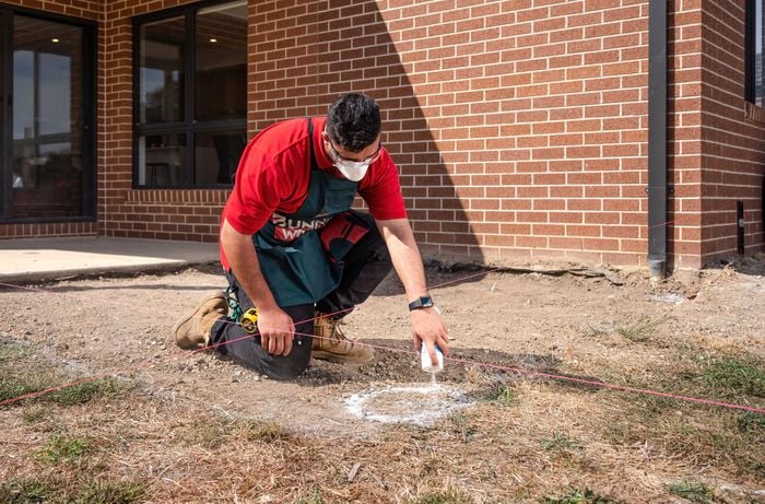 Man making marking where stump will go. 