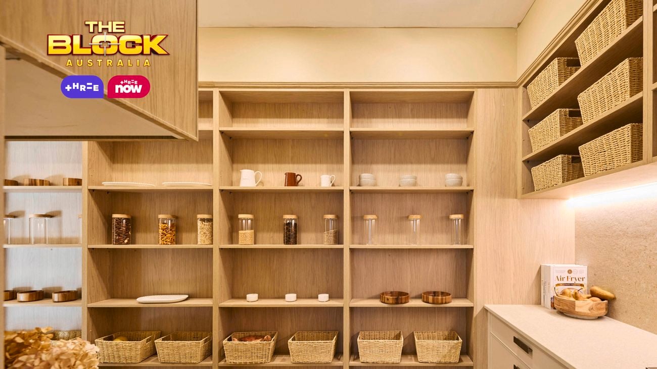 Butler’s pantry from The Block with open shelving, storage baskets, and a coffee station.