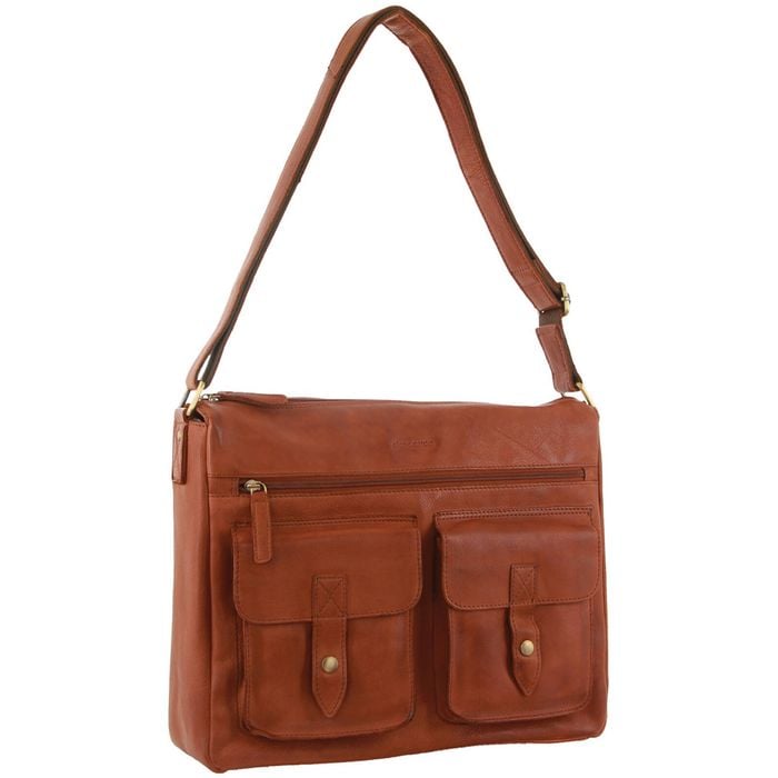 Pierre Cardin Leather Briefcase  Tote 13" Laptop Rustic Satchel Travel Cognac