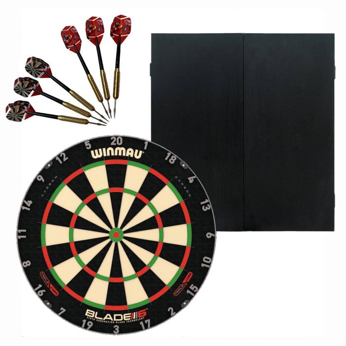 Winmau Blade 6 TRIPLE CORE Dart Board + Black Ash Cabinet + Darts Set