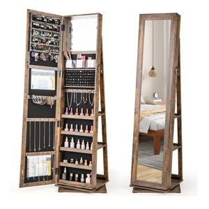 Costway Swivel Jewelry Cabinet Mirrored Armoire Makeup Storage Organiser Brown
