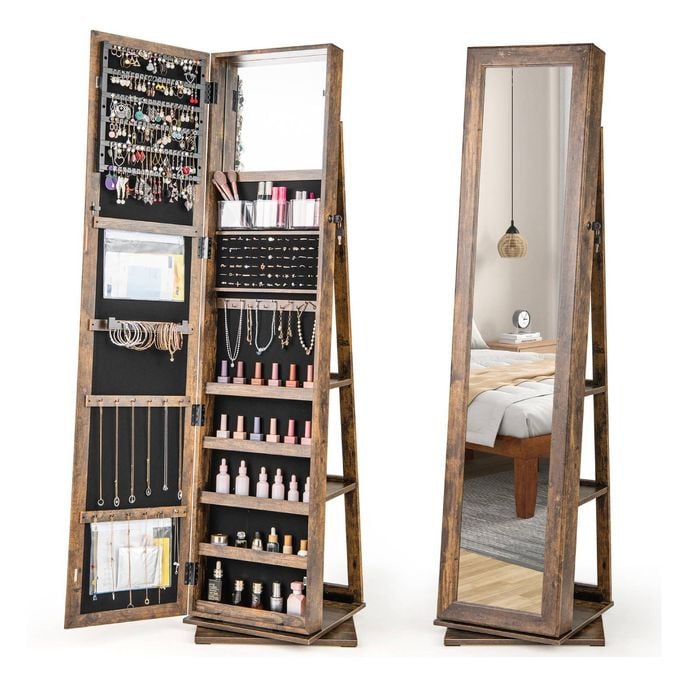 Costway Swivel Jewelry Cabinet Mirrored Armoire Makeup Storage Organiser Brown