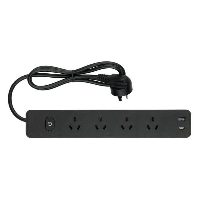 Arlec 4 Outlet Black Surge Protected Powerboard with USB A&C Charger and Master Switch